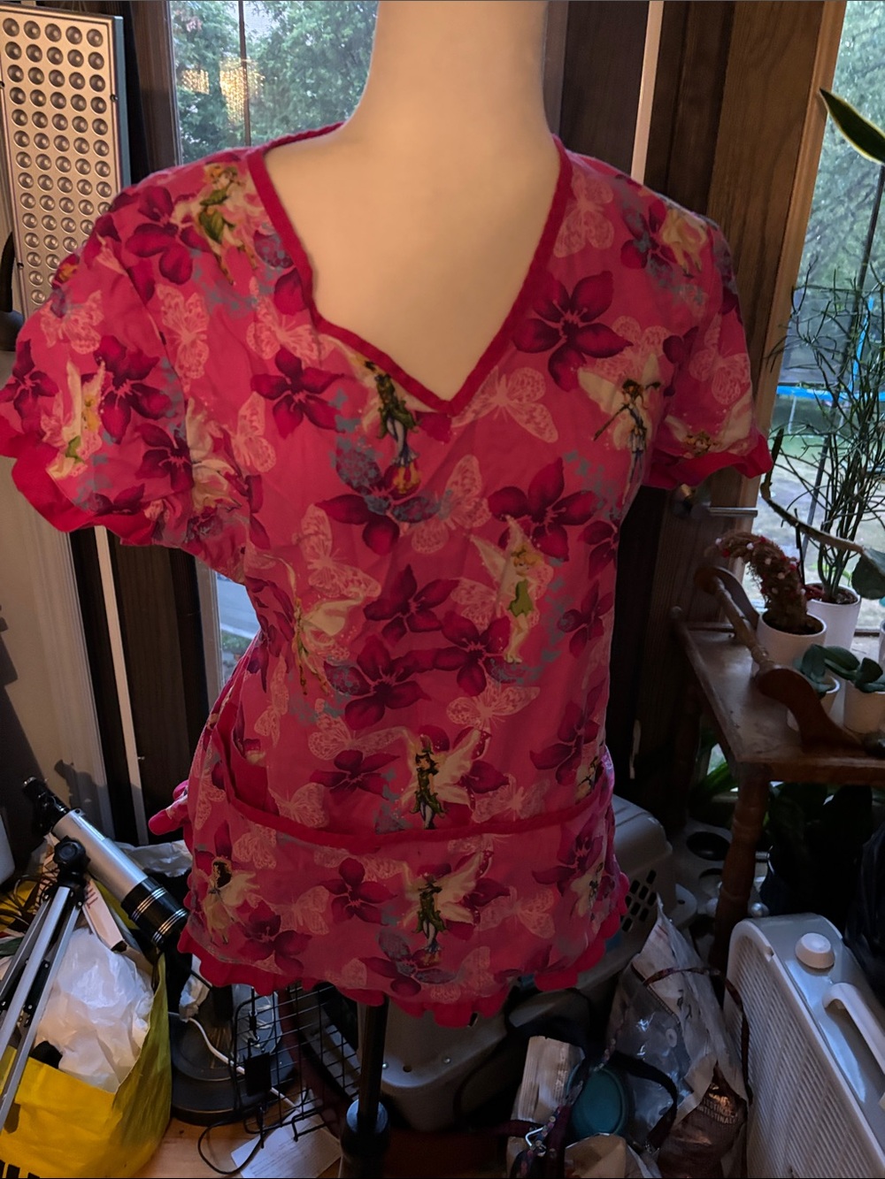 Disney Fairies Fuchsia Floral V-Neck Short Sleeve  Scrub Top
